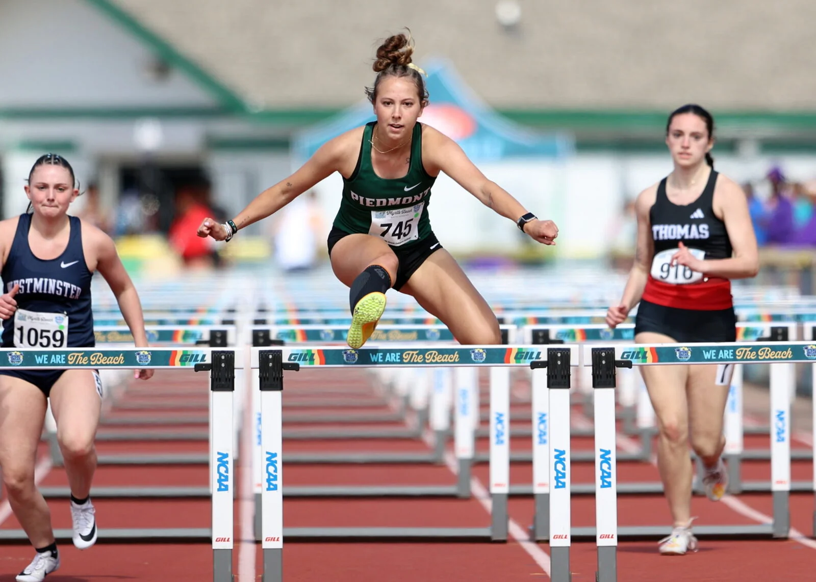 College hurdlers clearing barriers mid-race on a blue track