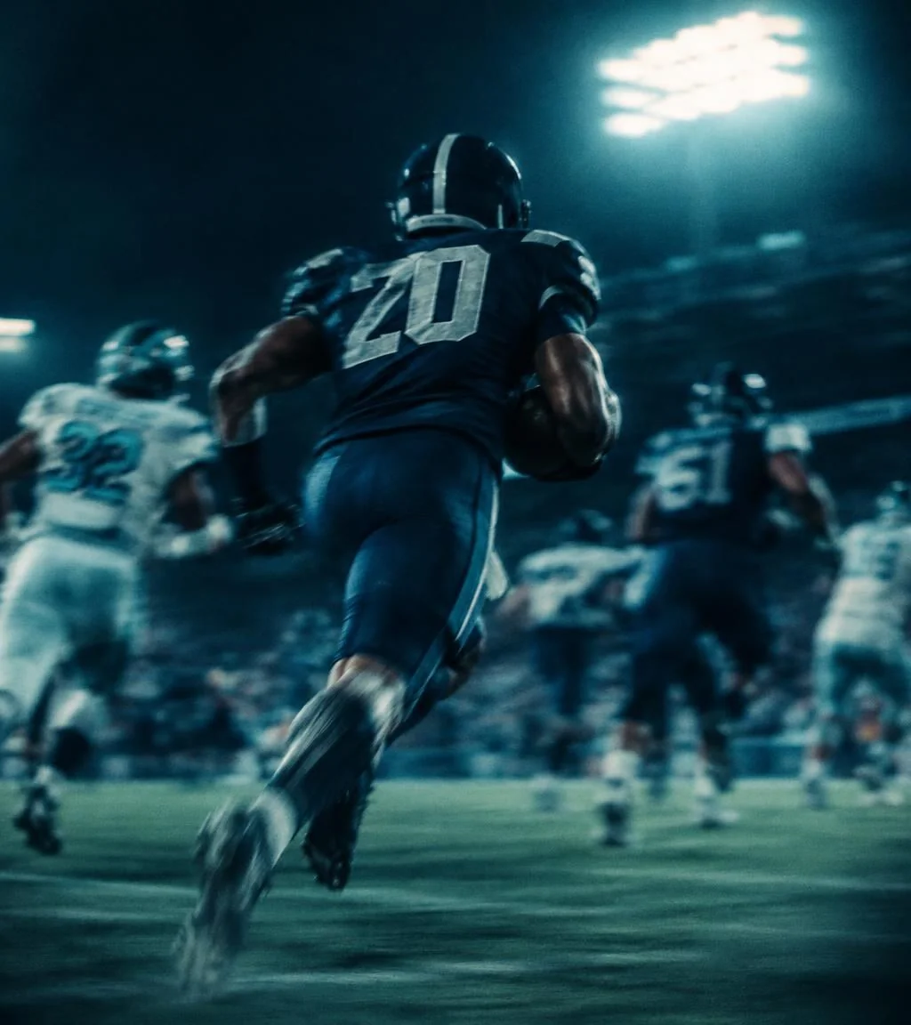 Night football game under stadium lights, players seen from behind in motion blur