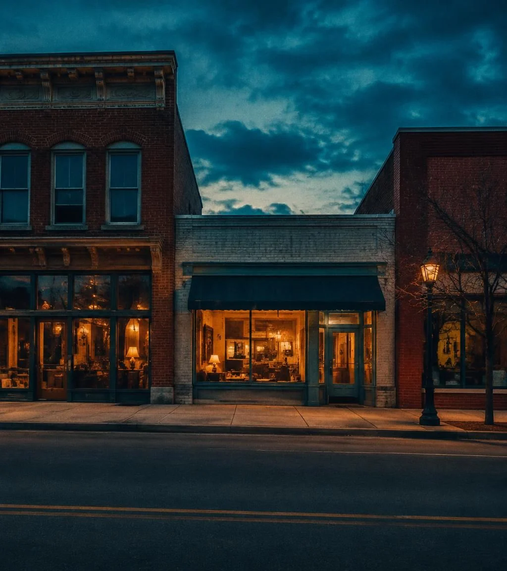 Local storefront at dusk with warm light glowing inside