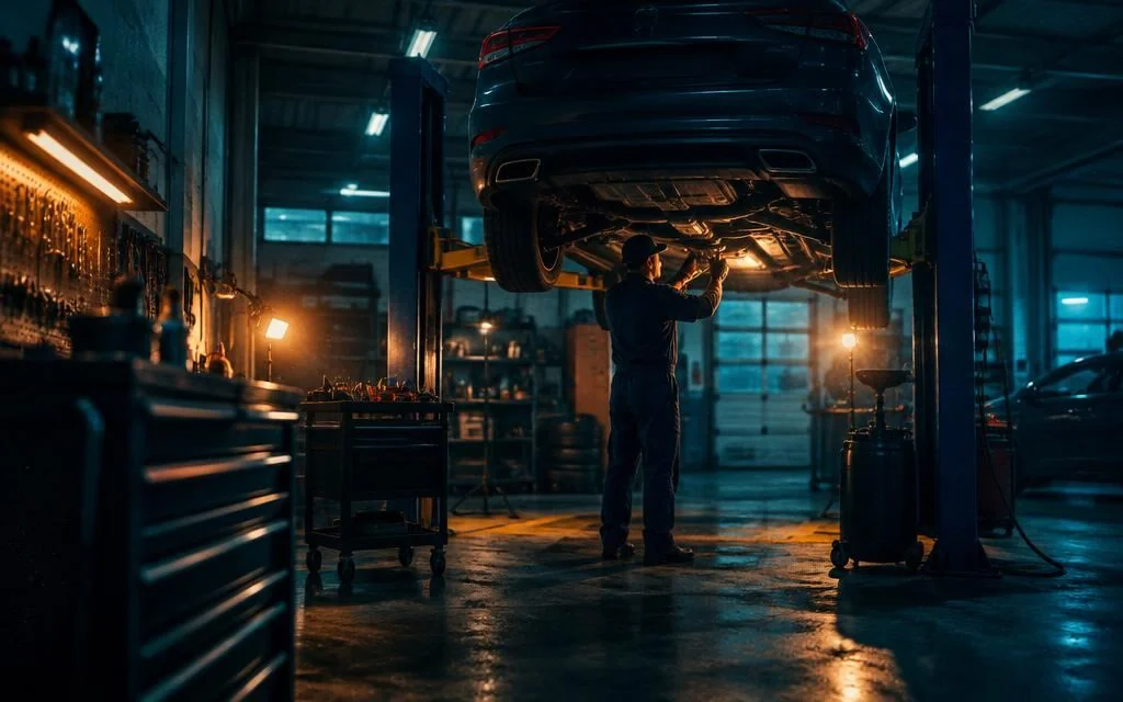 Auto repair shop bay with a car on a lift