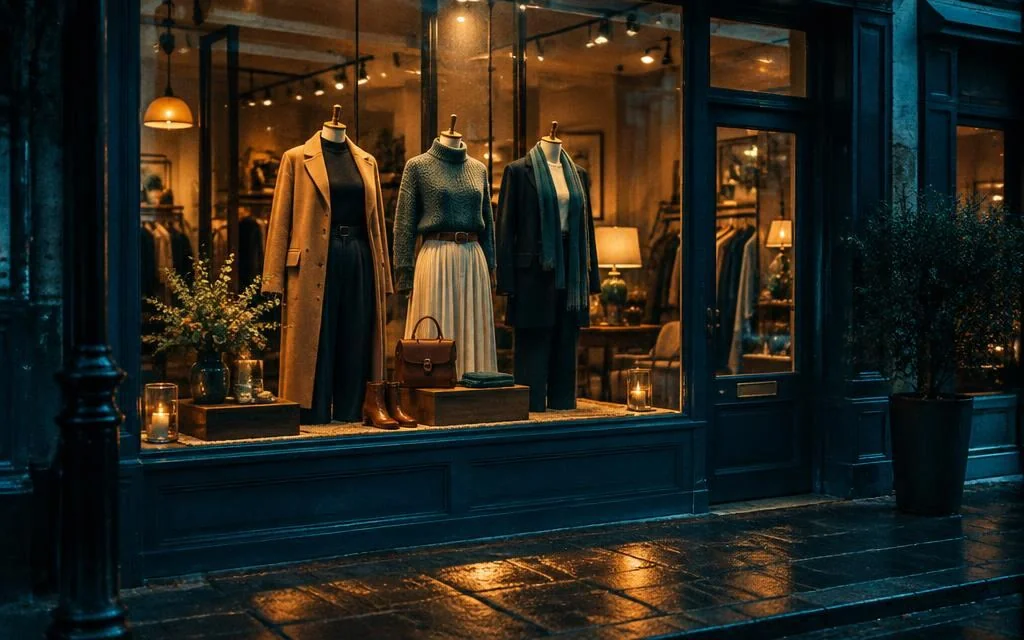 Boutique shop window display lit in the evening