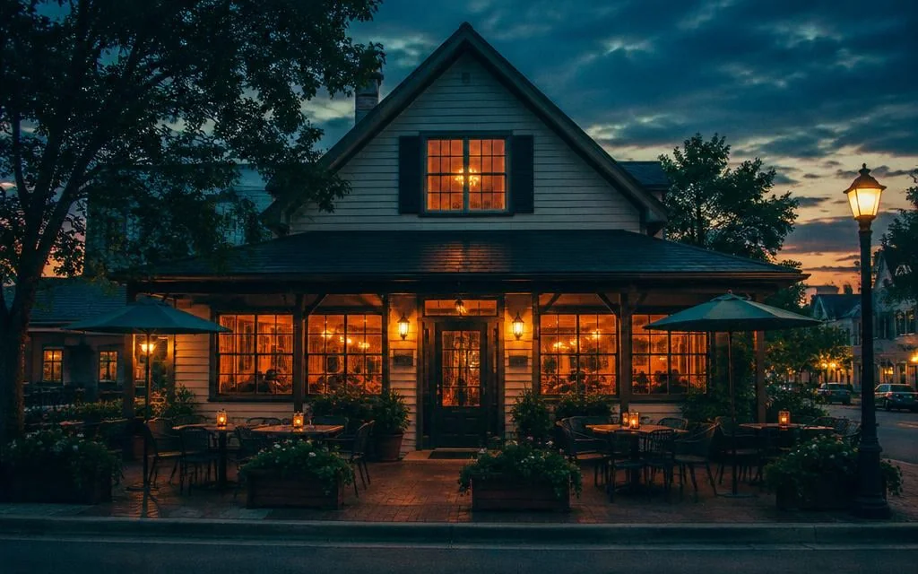 Small-town restaurant front glowing at dusk