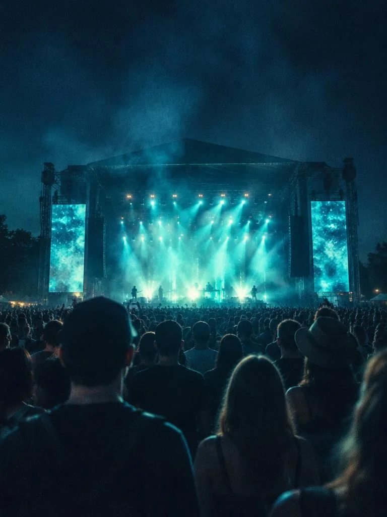 Festival stage at night with the crowd seen from behind