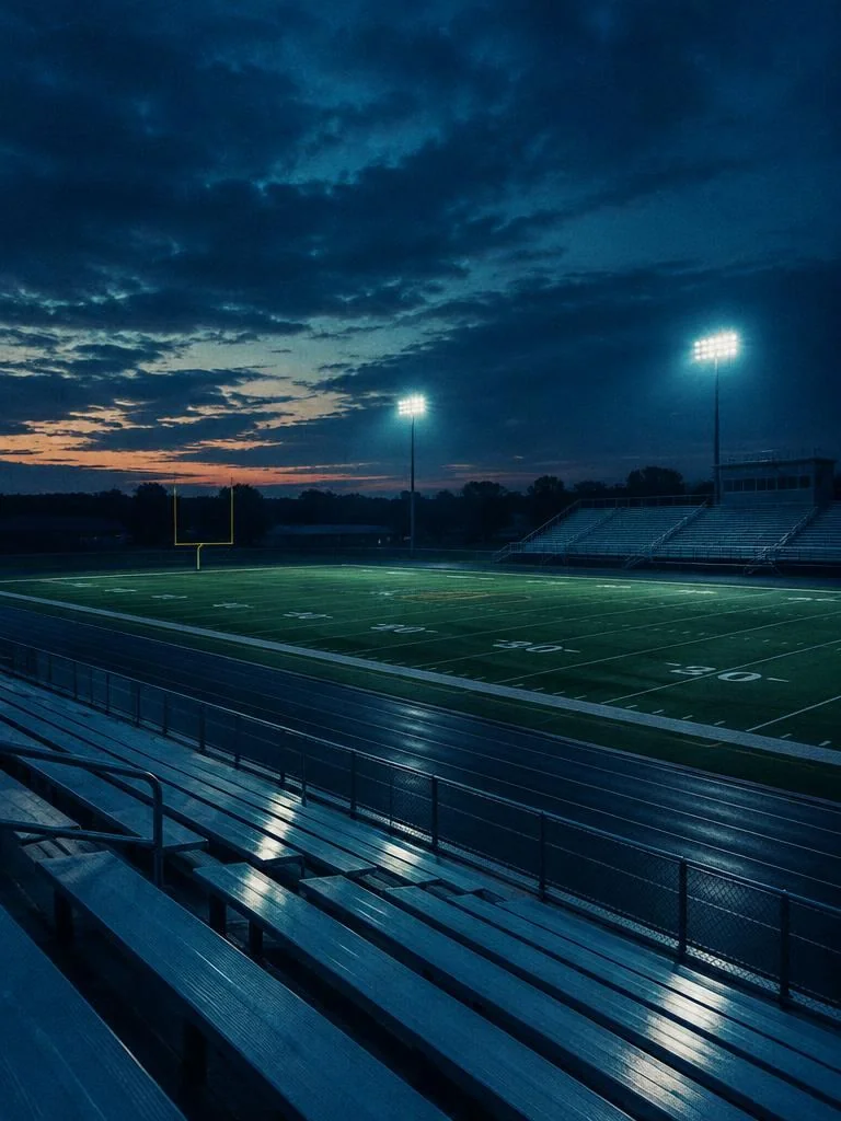 Empty high school football stadium under lights at dusk