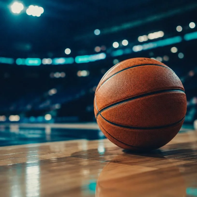 Basketball on a hardwood court