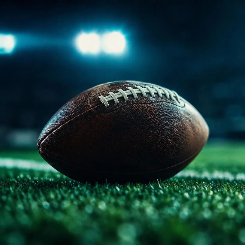 Football resting on turf under stadium lights