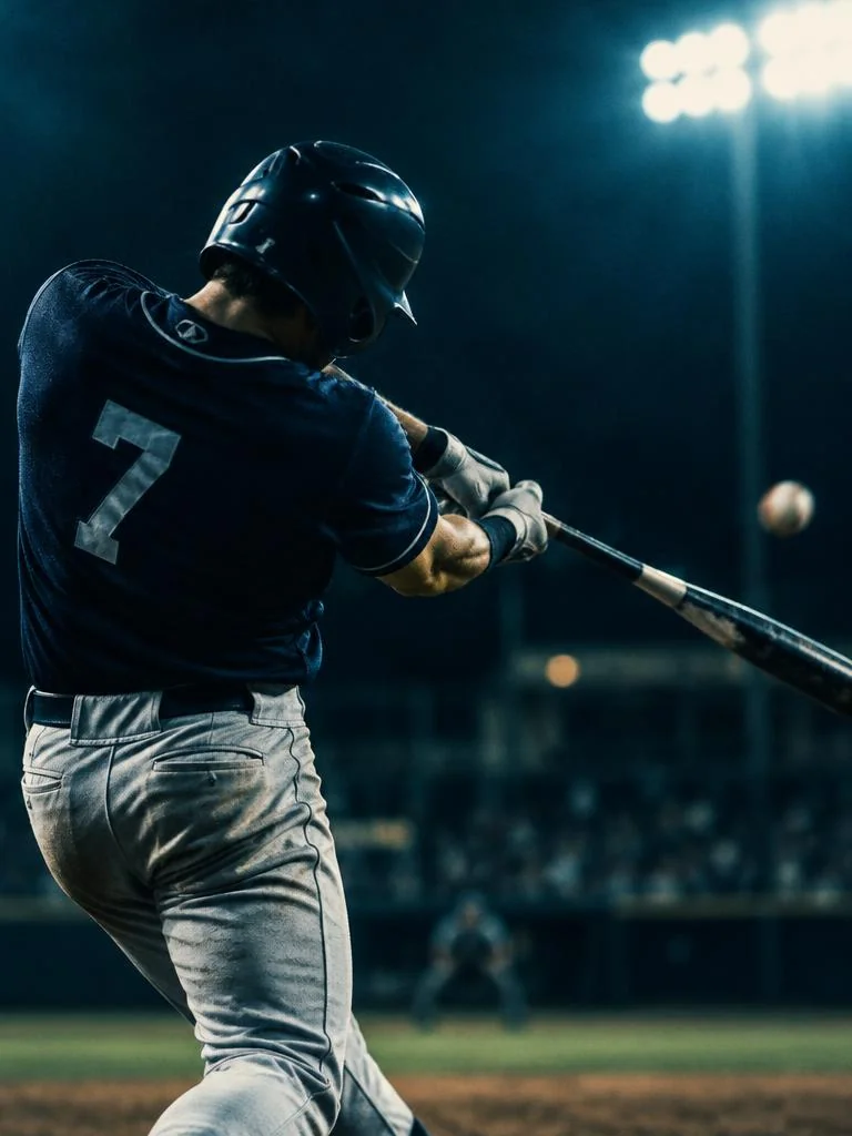 College baseball batter mid-swing under stadium lights