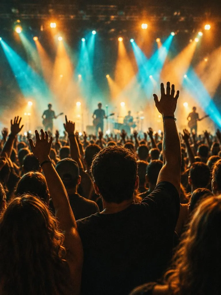 Concert crowd from behind with hands raised toward a lit stage