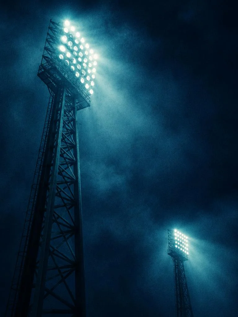 Row of stadium lights glowing through night haze above the grandstand