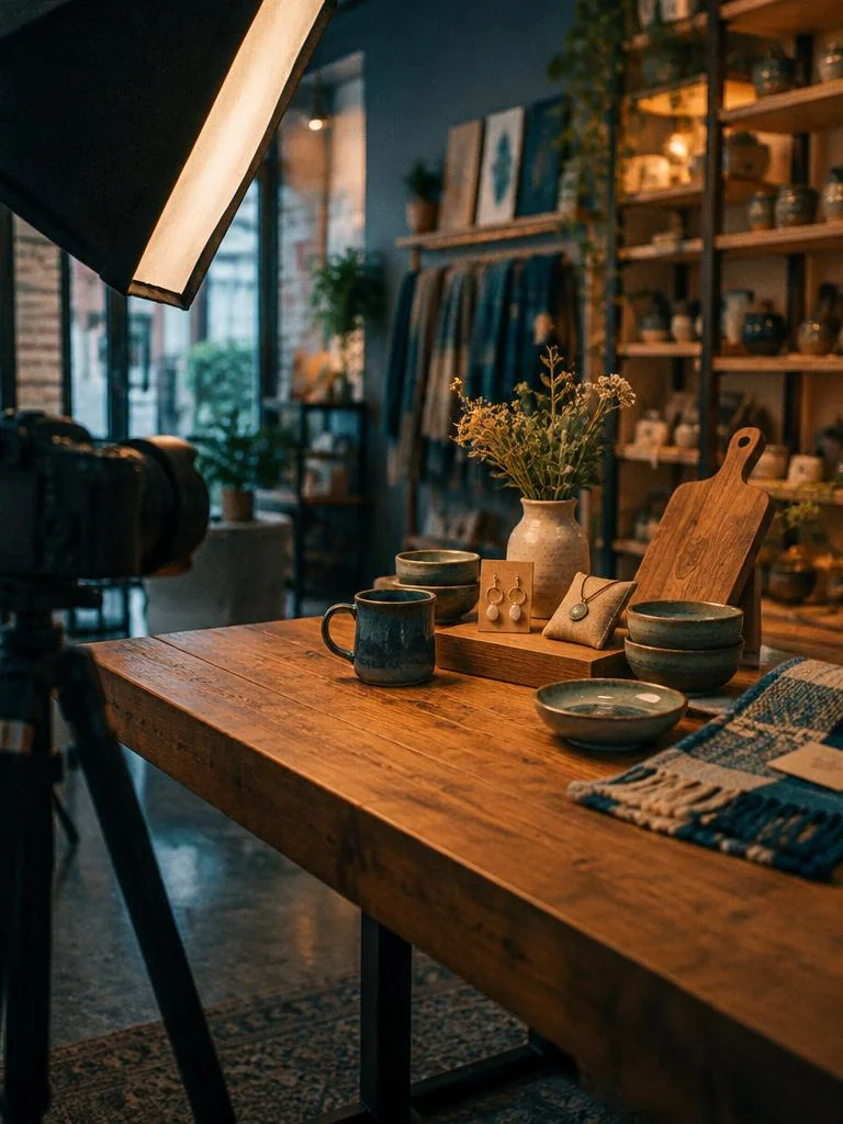 Product photo shoot set up inside a local boutique with softbox and camera