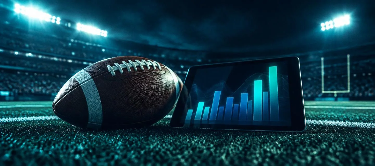 Football on the turf beside a tablet showing an abstract stats chart