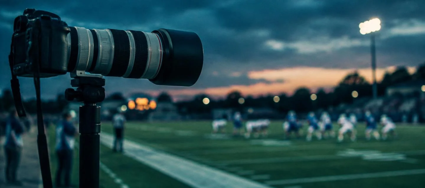 Telephoto camera lens on a monopod beside a football field at dusk