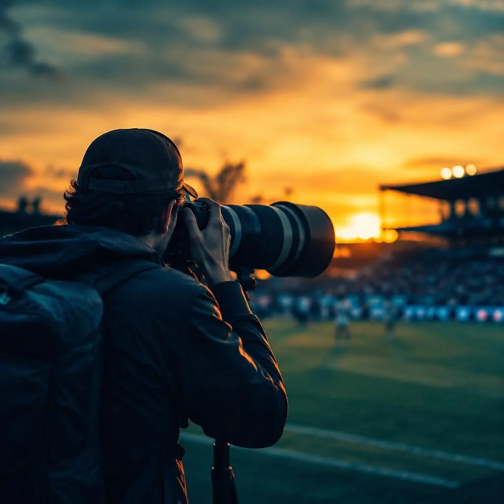 Photographer with a telephoto lens on a stadium sideline at sunset, seen from behind