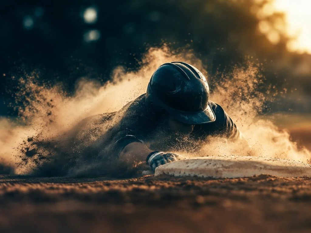 Baseball player sliding into base in a cloud of dust