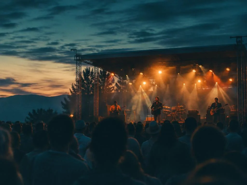 Band on an outdoor stage at dusk with the crowd seen from behind