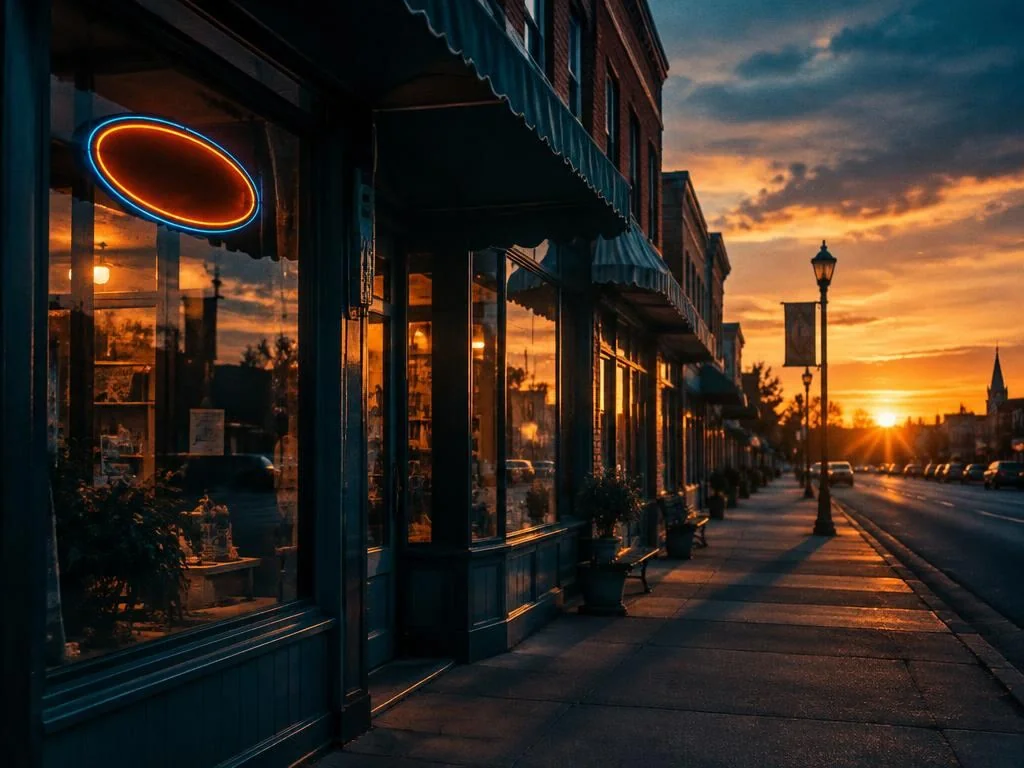 Main Street storefront with a glowing sign at golden hour